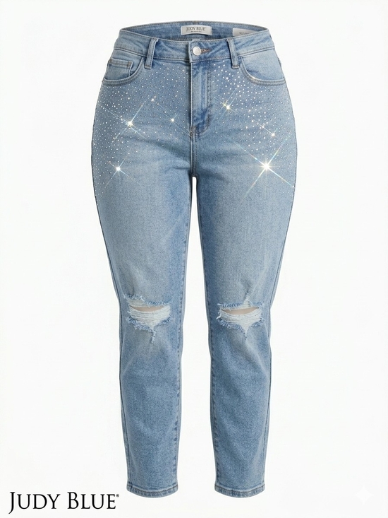 Judy Blue Denim - Judy Blue Rhinestone Slim Fit Distressed Jeans Size 13/31 Women's Stretch Denim